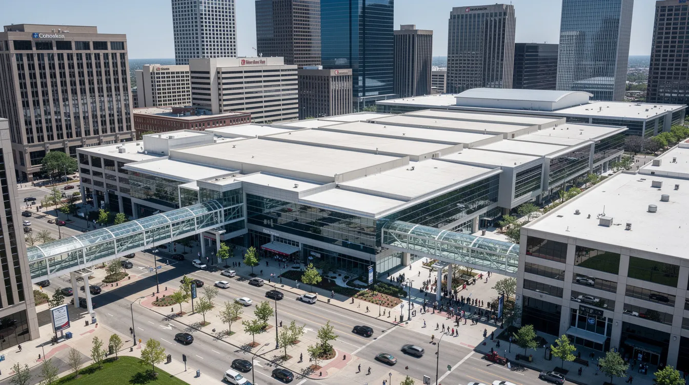 An aerial view of downtown Minneapolis showcases the bustling cityscape featuring the Minneapolis Convention Center, with interconnected skyways linking various hotels. The scene highlights the vibrant atmosphere of corporate meetings, trade shows, and events, emphasizing the city's role as a hub for audio-visual support and expert services.