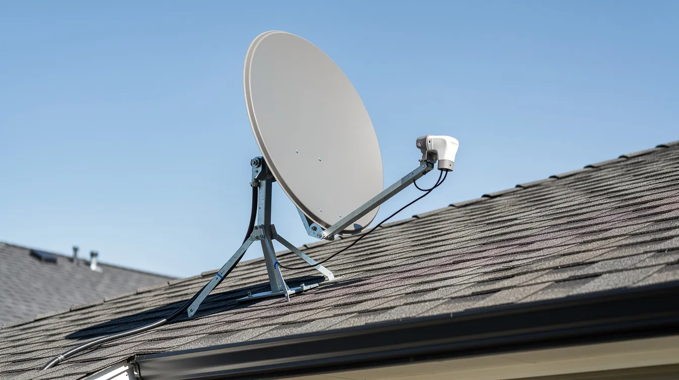 A professional satellite dish is mounted on a residential rooftop against a backdrop of a clear blue sky, illustrating the quality of dstv installation services available. This setup promises optimal signal reception for uninterrupted entertainment, showcasing the expertise of accredited dstv installers in Claremont.