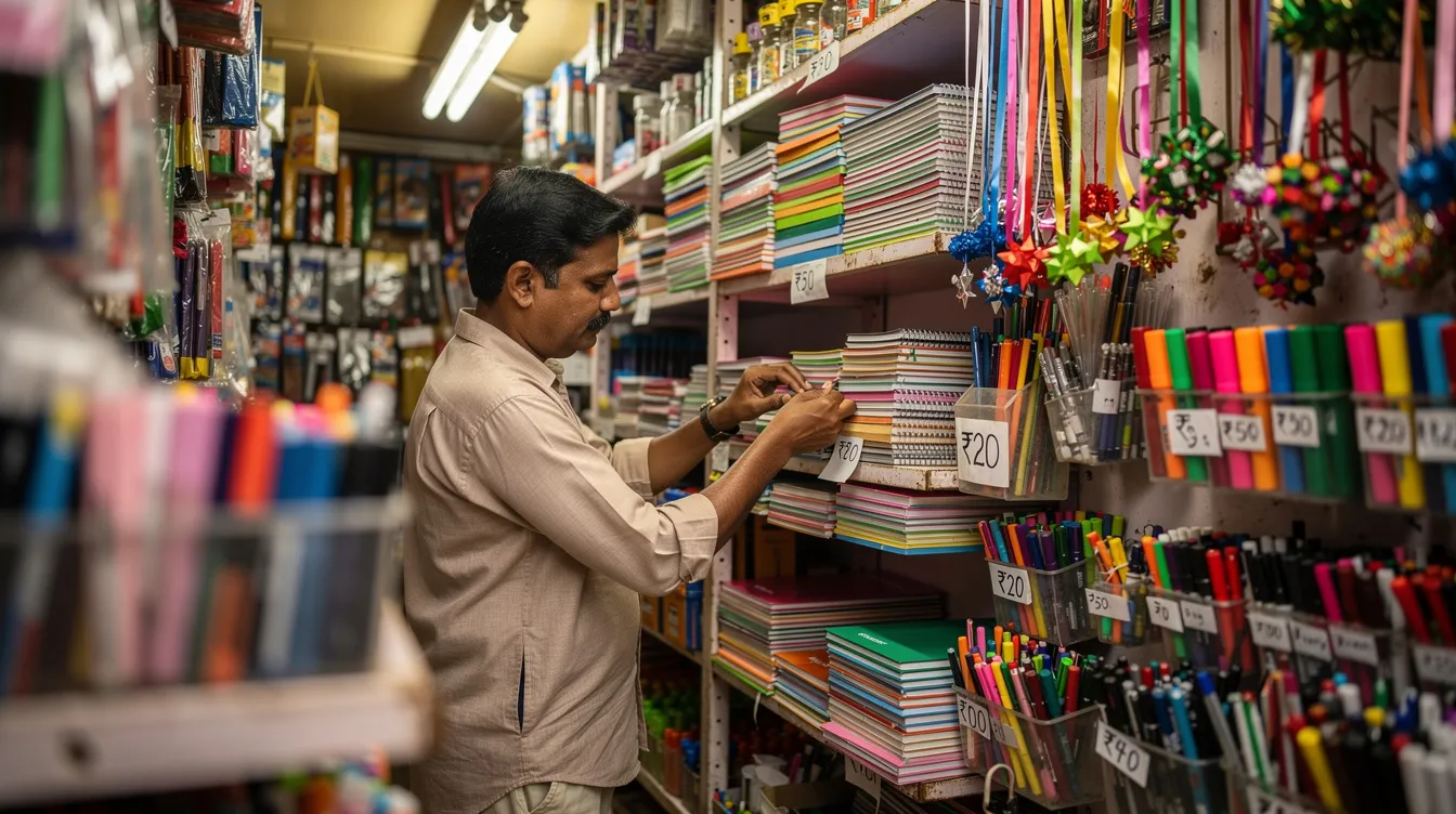 df44f135 abaa 4f6b b70a dd782e2e1603 The image depicts a small Indian shop owner meticulously arranging colorful stationery products on shelves, showcasing the shop's vibrant inventory. This scene reflects the owner's commitment to efficient inventory management, which is crucial for maintaining positive working capital and ensuring the financial health of their business.