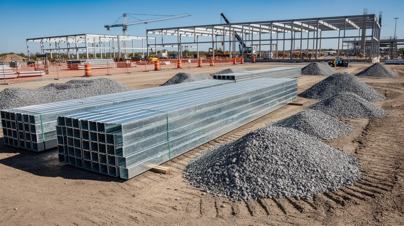 Stacks of steel beams and aggregate materials at a commercial construction site.