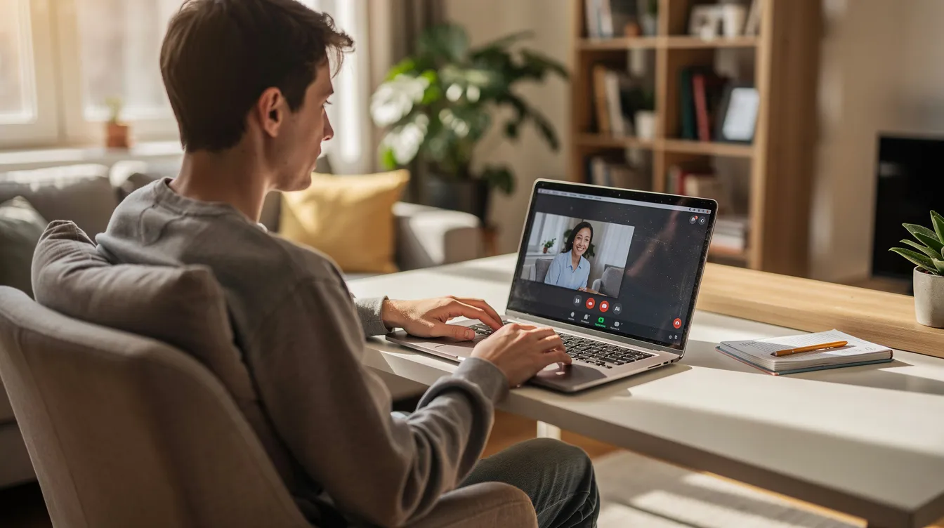 A person is sitting comfortably at home, engaged in a video therapy session with a licensed therapist. This virtual care session highlights the importance of mental health services and provides support for individuals managing mental health conditions such as anxiety and depression.