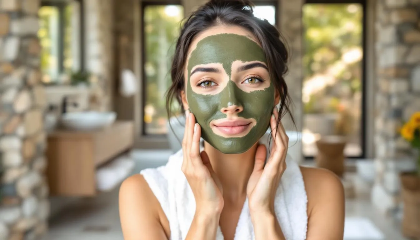 Une femme applique un masque d'argile verte sur son visage, entourée d'une ambiance naturelle dans sa salle de bain. Le masque, riche en minéraux, est conçu pour purifier et revitaliser la peau.