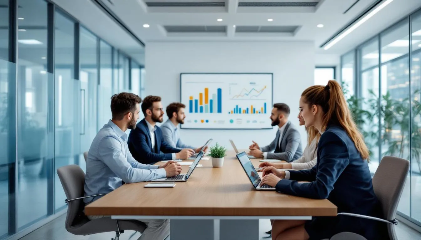 The image depicts a modern conference room where a diverse group of professionals is engaged in discussions, reviewing growth charts and analyzing marketing strategies specifically tailored for SaaS companies. They are focused on developing effective SaaS marketing strategies to drive business growth and enhance customer acquisition.