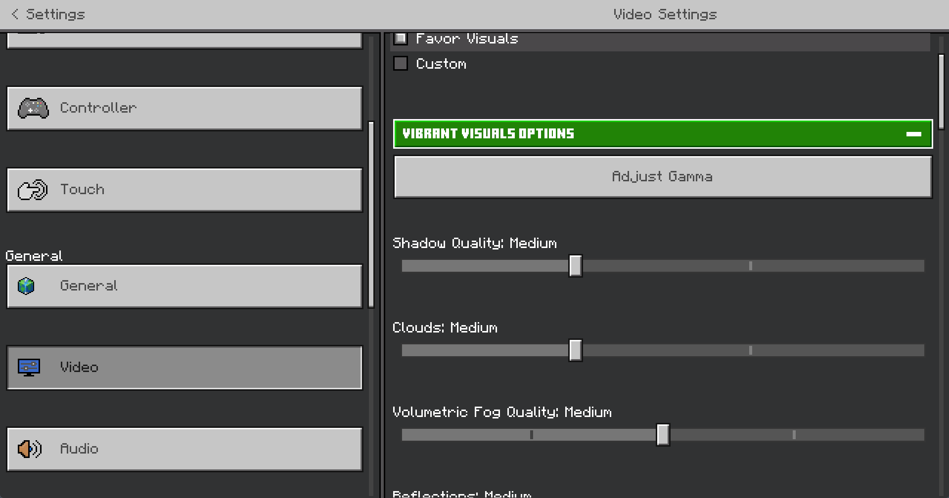 The drop down tab of the Vibrant Visuals Options. 