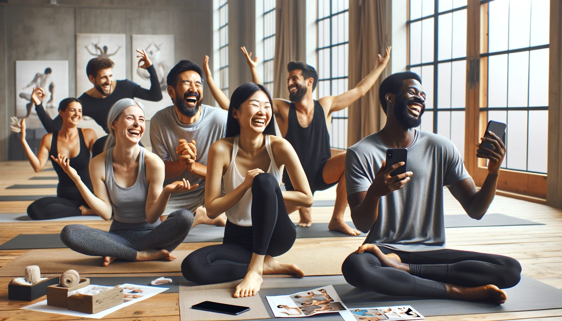 depicting diverse individuals in various yoga poses, laughing and sharing yoga memes on their digital devices, set in a peaceful yoga studio