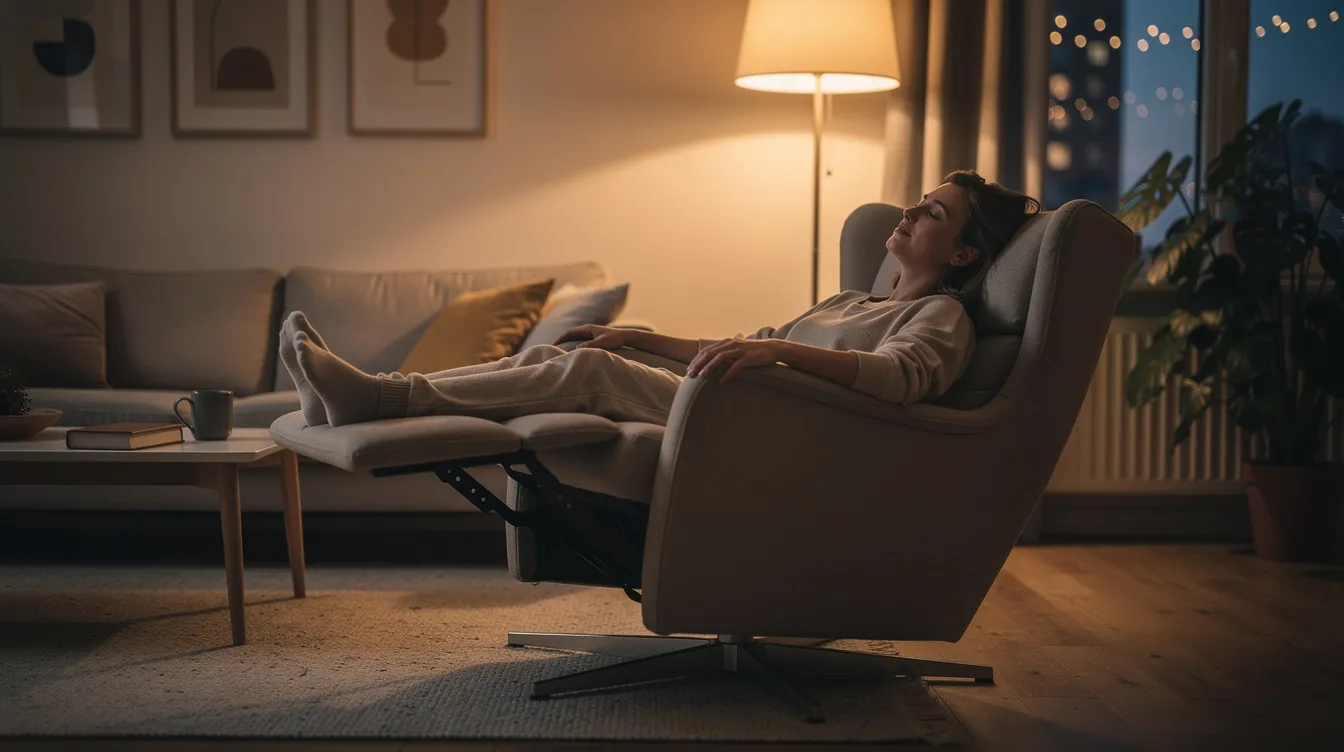 En person vilar bekvämt i en fåtölj med fotpall i ett vardagsrum med dämpad belysning, vilket skapar en lugn och avkopplande atmosfär. Fåtöljen ger extra stöd för ryggen och benen, perfekt för en skön stund med en bok.