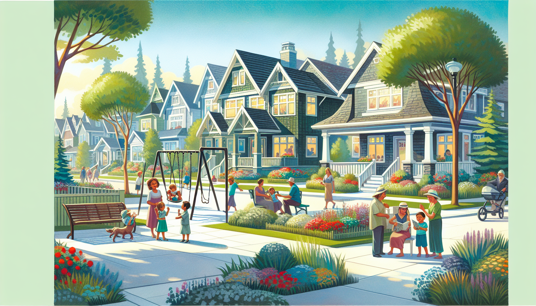 An artistic representation of living in Southwest Calgary, featuring a cozy neighborhood scene.