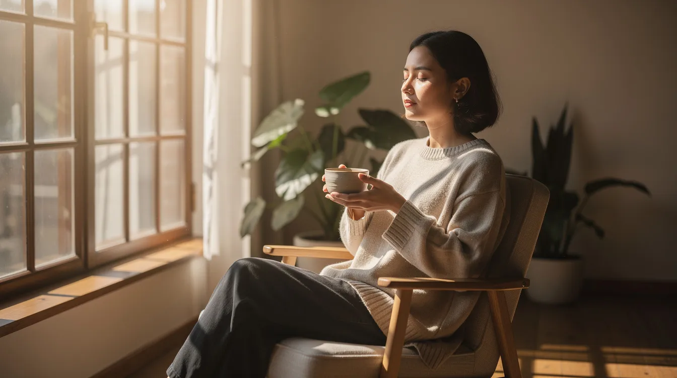 A calm person sits peacefully in a sunlit room, holding a cup of tea, embodying tranquility and wellness. This serene atmosphere reflects the potential benefits of CBD products in promoting relaxation and alleviating symptoms of anxiety and chronic pain.
