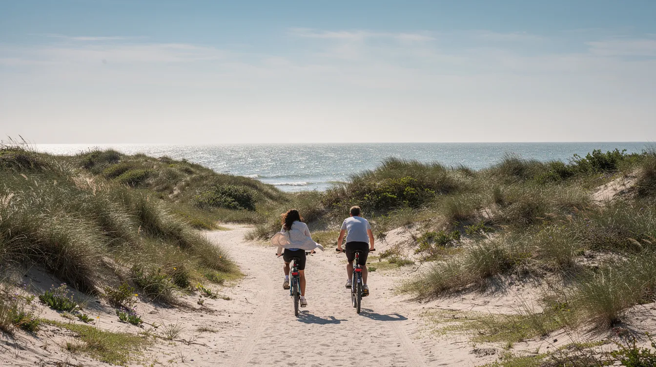 Zwei Radfahrer fahren auf einem sandigen Weg zwischen niedrigen grünen Dünen, während im Hintergrund das glitzernde Meer zu sehen ist. Es ist ein sonniger Tag mit leichtem Wind, der die friedliche Atmosphäre an der Küste von Dünkirchen unterstreicht.
