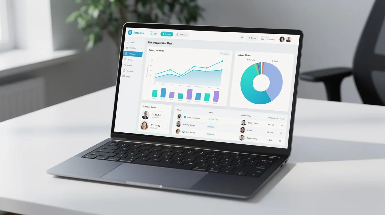 The image depicts a modern laptop showcasing a dashboard filled with colorful charts and graphs representing employee data, payroll calculations, and various payroll processes. This visual emphasizes the importance of effective payroll management and the role of HR professionals in managing employee information and compliance with labor laws.
