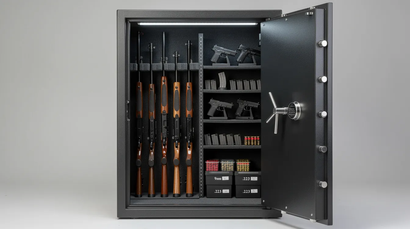 The image shows a steel gun safe with its door open, revealing an organized interior designed for firearm storage, including various firearms such as handguns and long guns. This setup emphasizes the importance of securely storing weapons in compliance with Wisconsin gun laws to ensure safety and lawful possession.