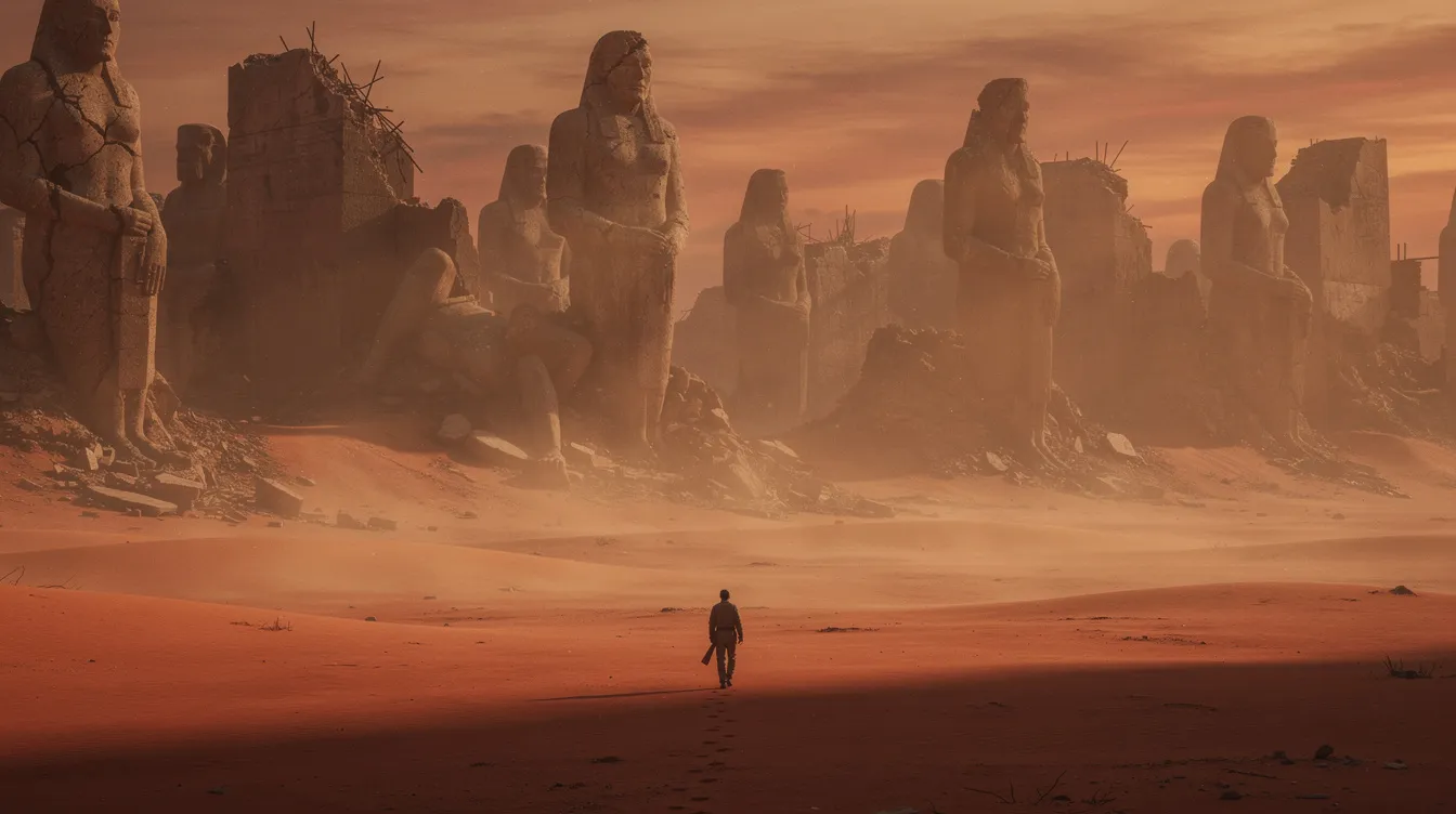 In einer orangerot gefärbten Wüstenlandschaft steht eine kleine Figur allein zwischen zerstörten Statuen, während der Sand in der Luft schwebt und eine düstere, science-fictionartige Atmosphäre schafft, die an Ridley Scotts "Blade Runner" erinnert. Die Szenerie vermittelt ein Gefühl der Einsamkeit und des Verfalls in einer futuristischen Welt.
