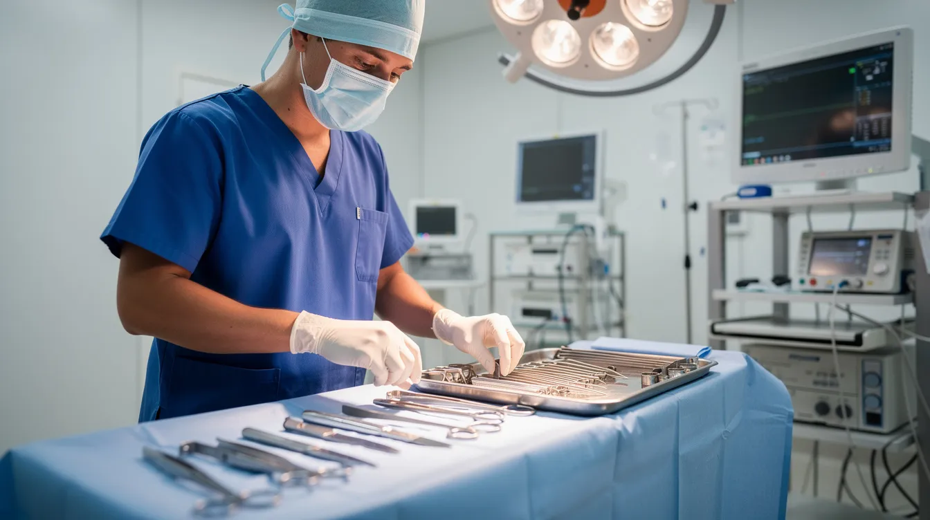 A member of a surgical team in scrubs preparing instruments in a bright, sterile procedure room for a male liposuction procedure.