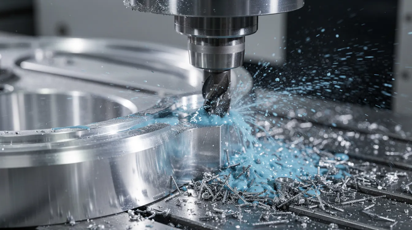 A CNC milling machine is precisely cutting a steel part while coolant sprays to manage the high temperature generated during the process. The scene showcases the intense focus on creating high-quality components in a manufacturing environment.
