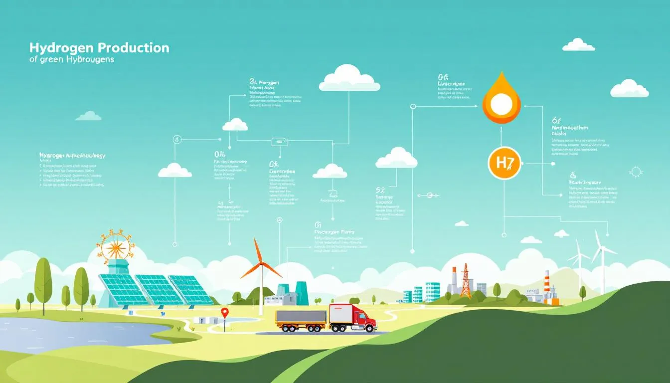 An infographic illustrating different hydrogen production technologies and their applications in the green hydrogen industry.