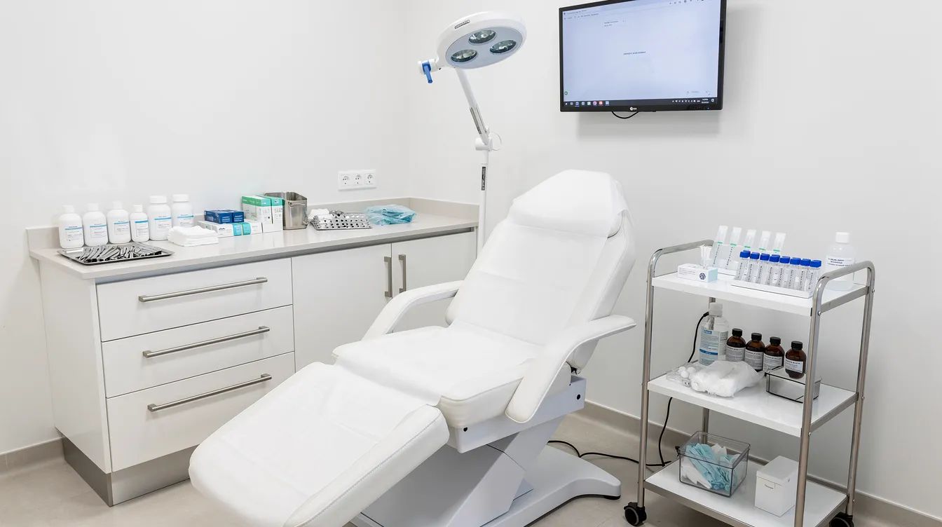 The image depicts a sterile aesthetic treatment room, equipped with medical supplies and tools used for various cosmetic procedures, including liquid BBL treatments and injectable dermal fillers. The clean and organized environment emphasizes the professionalism of the medical professionals who perform non-surgical butt lift procedures and other aesthetic treatments.