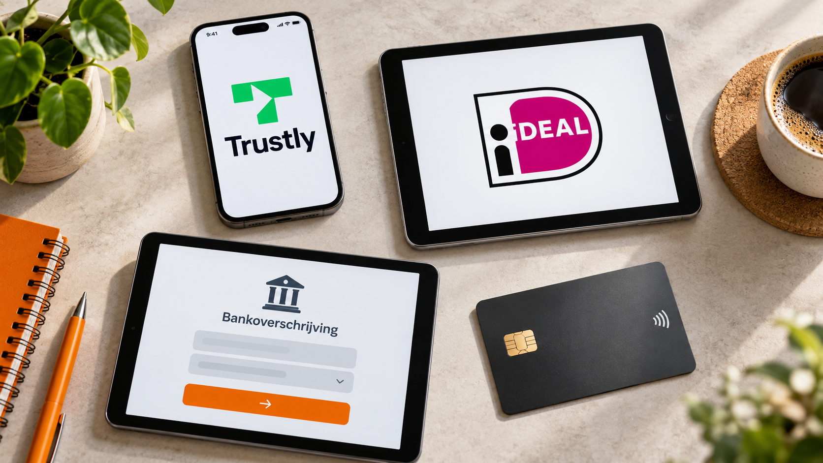 Trustly, iDEAL, een bankoverschrijving en een betaalkaart naast elkaar afgebeeld.