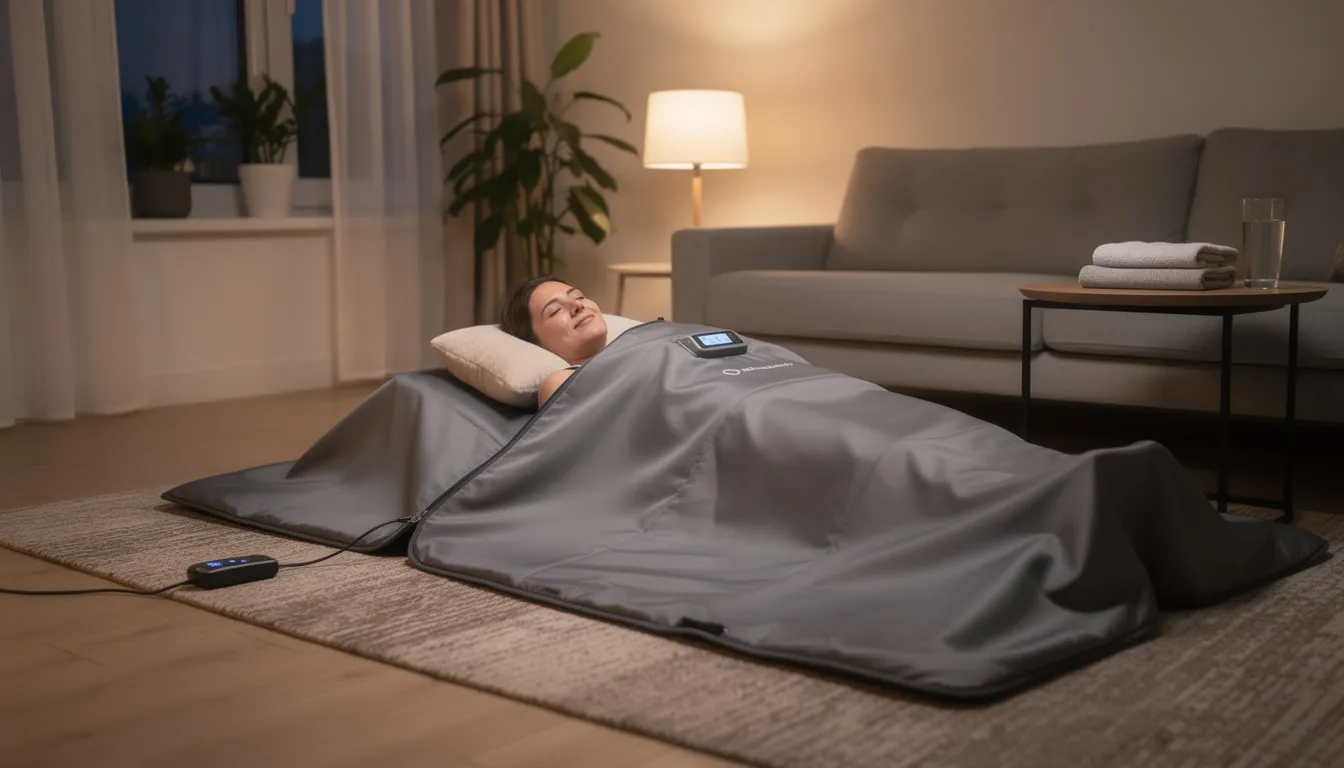 An infrared sauna blanket is spread out on a living room floor, with a person comfortably relaxing inside, enjoying the heat therapy benefits. This portable sauna provides a convenient way to experience sauna sessions at home, promoting stress relief and muscle recovery.
