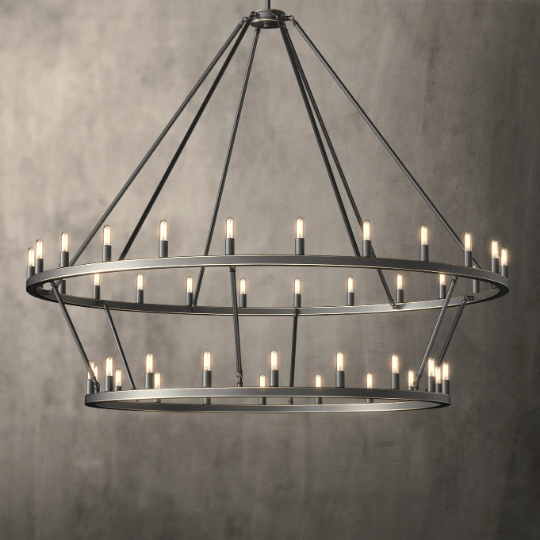 A farmhouse chandelier with two circular tiers, featuring multiple bulbs arranged evenly around the frame, suspended from a central point.
