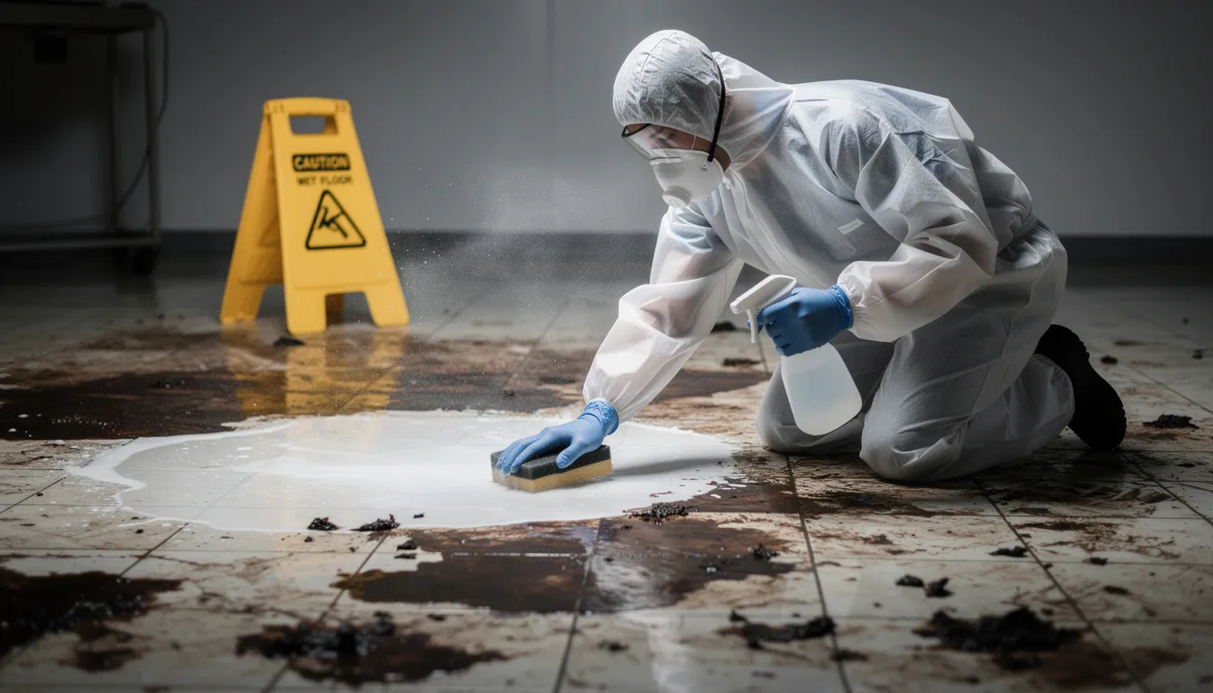 A person is wearing personal protective equipment, including gloves and a mask, while cleaning a contaminated floor surface that poses health risks due to the presence of biohazardous materials. The scene emphasizes the importance of proper precautions and training in biohazard cleanup to prevent exposure to infectious diseases and bodily fluids.