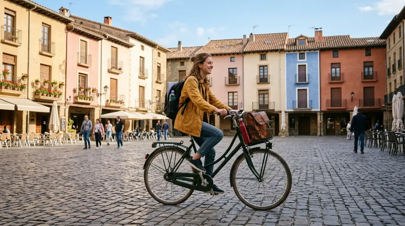 Student cycling across an old-town square near her dormitory after arriving in Poland