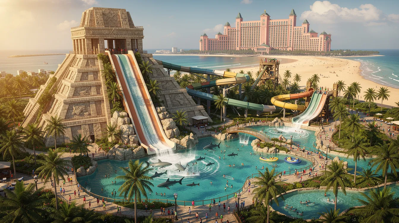 Imagem do parque aquático Aquaventure, localizado em Dubai, nos Emirados Árabes Unidos, com toboáguas emocionantes e uma vasta área de lazer. Ao fundo, é possível ver a icônica estrutura do Atlantis The Palm e o azul intenso das águas do Golfo Pérsico, criando um cenário perfeito para diversão e aventura.