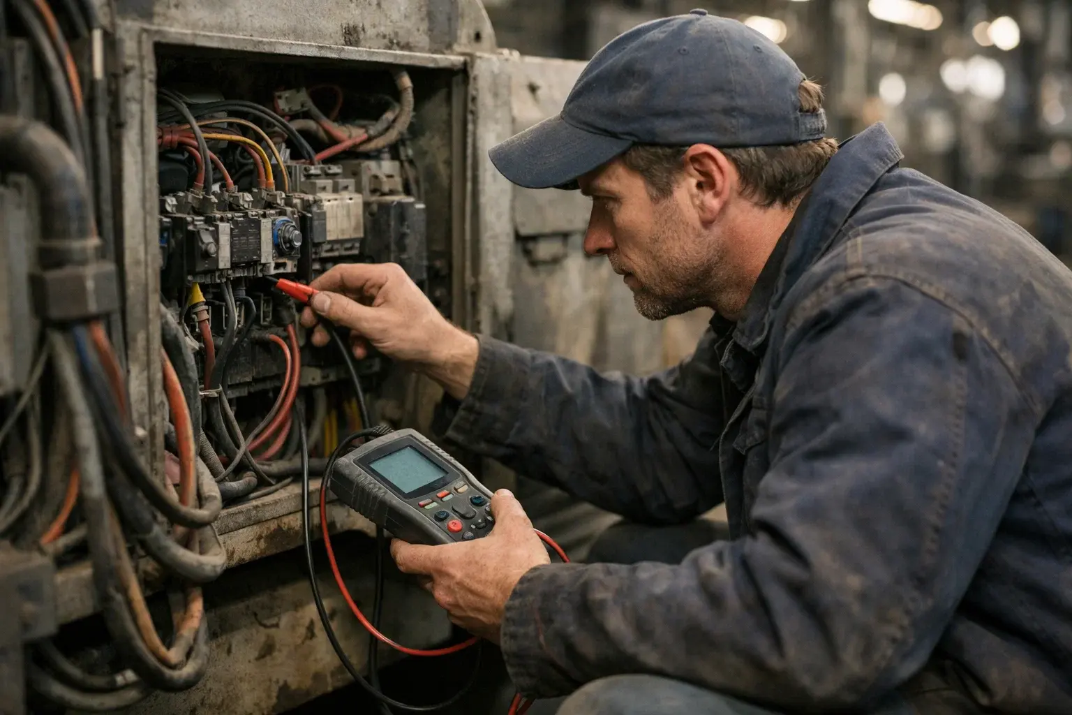 Electrical engineer carrying out maintenance on industrial machinery in a manufacturing environment