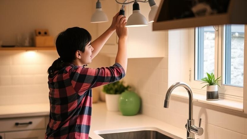 A person installing lights over a kitchen sink