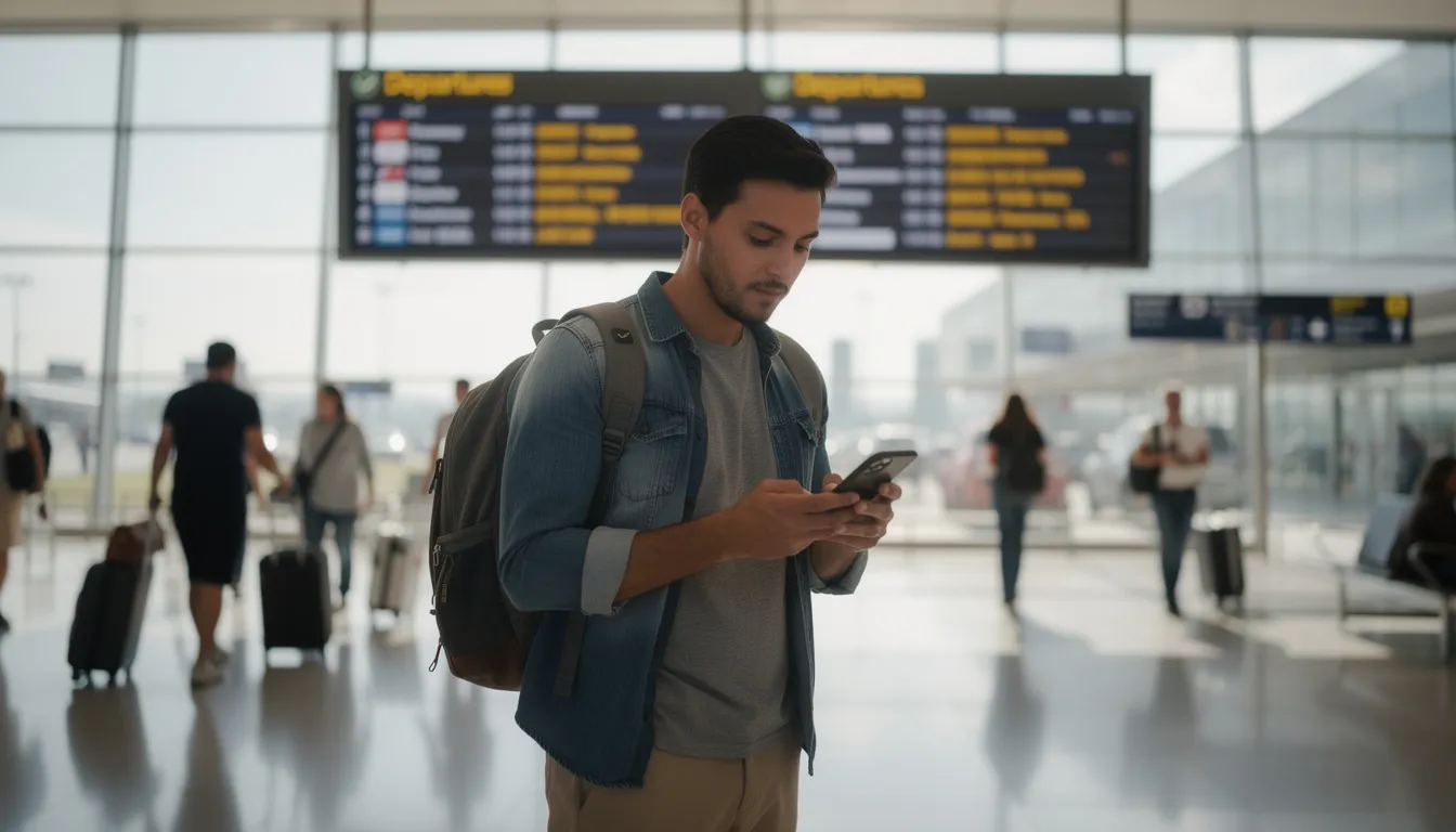A traveler stands in a busy airport terminal, intently checking their smartphone for reliable data options, possibly reviewing their service to ensure internet access during their journey. The bustling environment around them includes fellow passengers and various airline counters, highlighting the excitement and urgency of international travel.