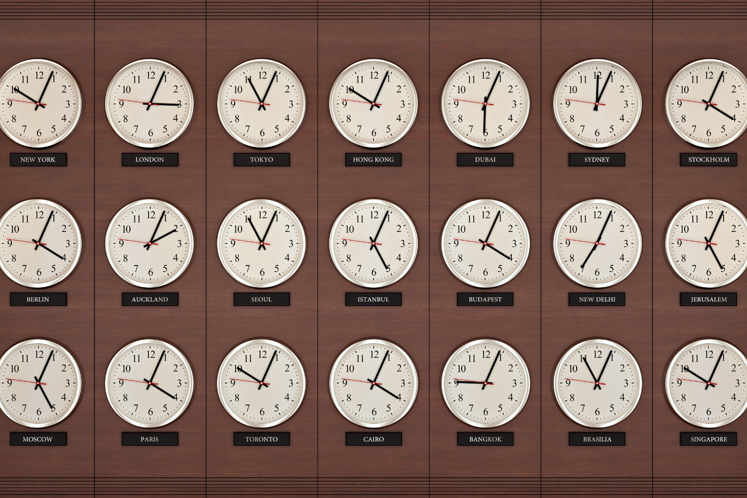 Clocks showing different time zones.
