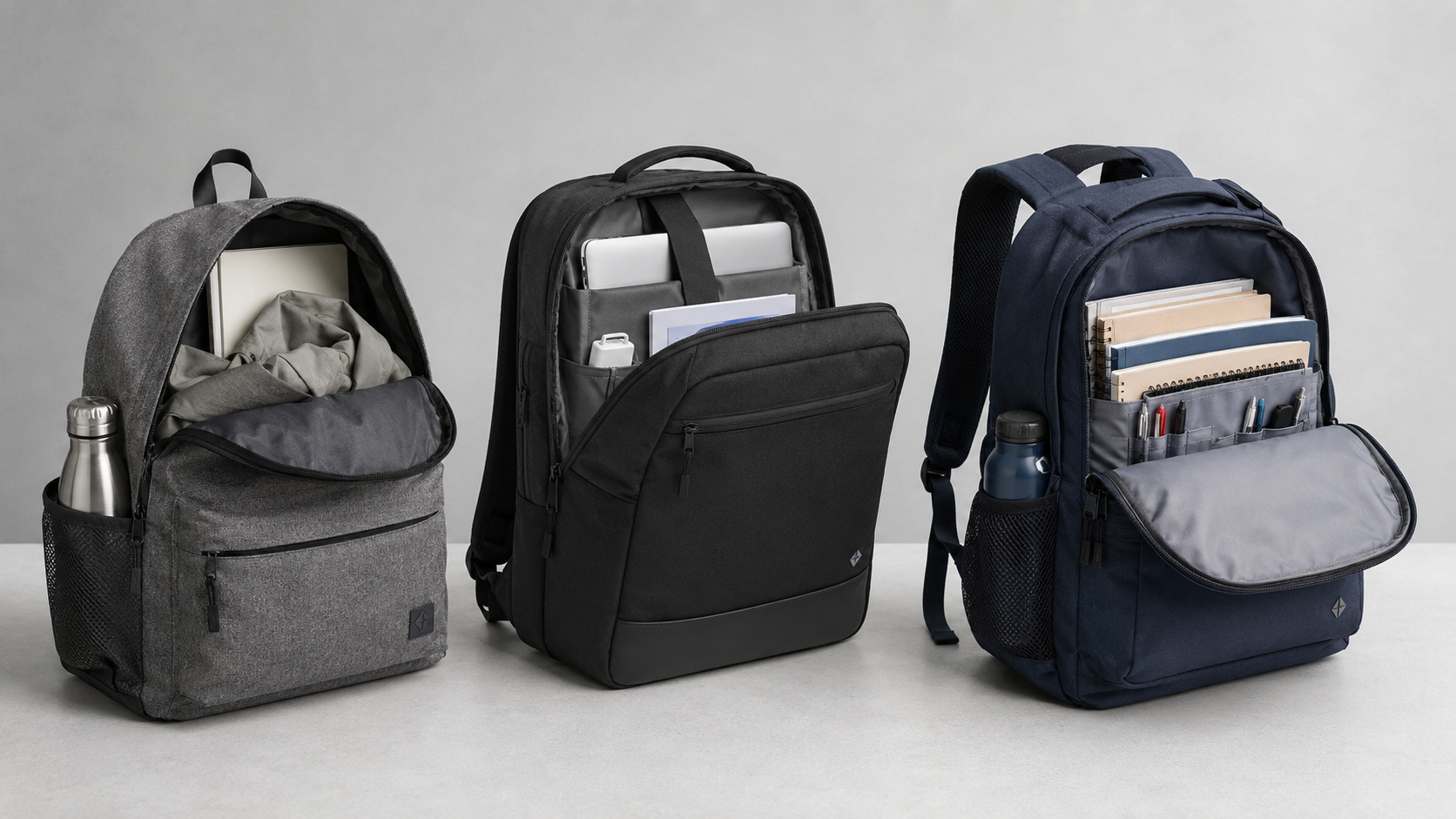 Laptop backpacks showing padded device sleeves and organizer pockets
