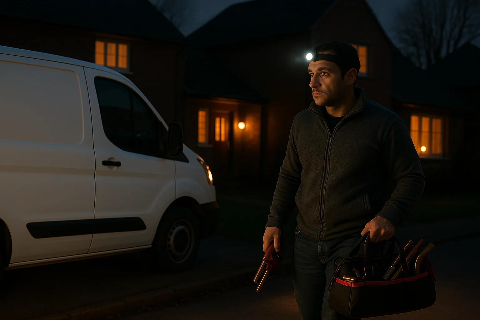 An HR Simply Bespoke plumber arriving at a home at night with a headlamp and tool bag.