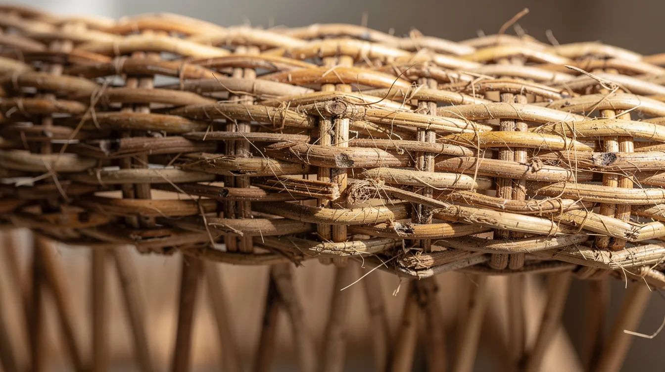 Detailopname van een rotan stoel met prachtig vlechtwerk, waarbij de textuur van het natuurlijke rotan goed zichtbaar is. De warme uitstraling van het materiaal benadrukt de schoonheid van rotan meubels en het belang van regelmatig onderhoud om uitdroging en toekomstige slijtage te voorkomen.