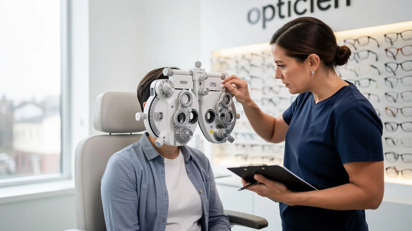 Een persoon kijkt door een phoropter tijdens een oogonderzoek bij de opticien, waarbij de focus ligt op het vaststellen van eventuele verziendheid of andere afwijkingen zoals hypermetropie. Dit onderzoek helpt om de sterkte van de correctie te bepalen, zodat het zicht kan worden verbeterd en symptomen zoals vermoeide ogen en hoofdpijn kunnen worden verminderd.