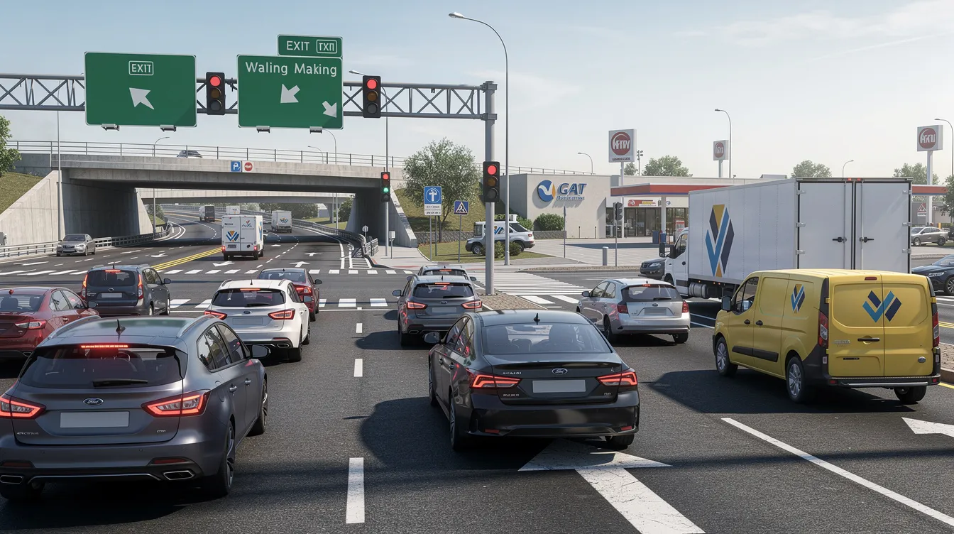 The image depicts a busy intersection near a highway exit ramp, filled with delivery vehicles and passenger cars waiting at a traffic light. This scene highlights the potential for truck accidents and car accidents in high-traffic areas, emphasizing the need for experienced car accident attorneys in Conroe to assist victims in navigating their legal claims.