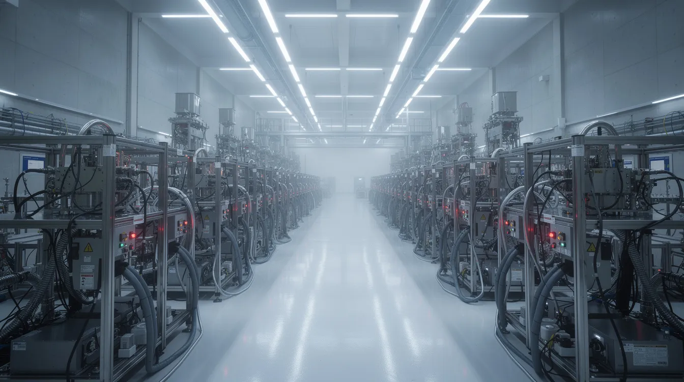 The image depicts the interior of a massive laser facility, showcasing rows of metallic equipment designed for experiments in fusion energy. Bright fluorescent lights illuminate the space, which is part of the national ignition facility at the Lawrence Livermore National Laboratory, aimed at achieving fusion ignition through advanced laser systems.