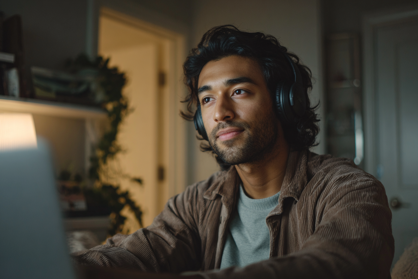 Private, HIPAA-compliant online therapy in New York: a professional joins a session with headphones in a closed room