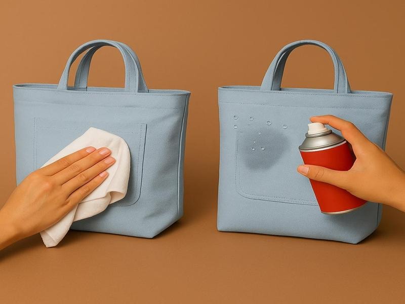 Two light blue canvas tote bags sit side by side on a brown surface. A hand wipes the left bag with a soft white cloth to clean it. Another hand sprays waterproof spray on the right bag, and small water drops are seen on the bag. Both bags have front pockets and strong handles.