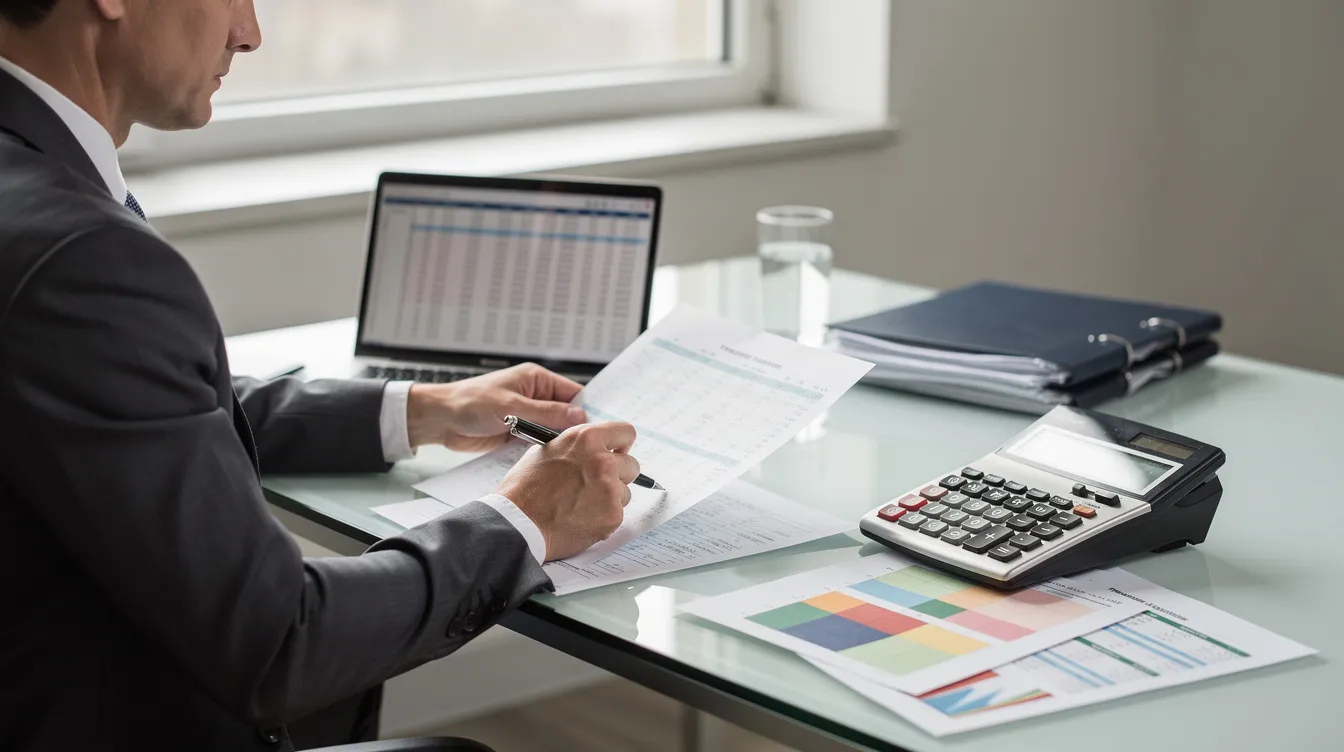 A professional consultant is seated at a desk, intently reviewing financial documents and spreadsheets, with a calculator in hand. The scene reflects a focused atmosphere, essential for analyzing data related to profitable food processing businesses, such as the puffed rice industry.