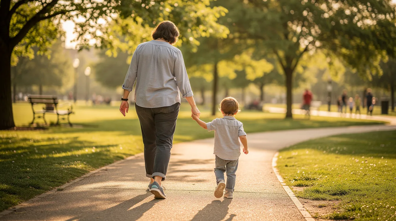 A parent is holding hands with a child while walking through a park, surrounded by greenery and trees, symbolizing family and togetherness. This image evokes themes of family law cases and custody details, emphasizing the importance of parental support and presence in a child's life.