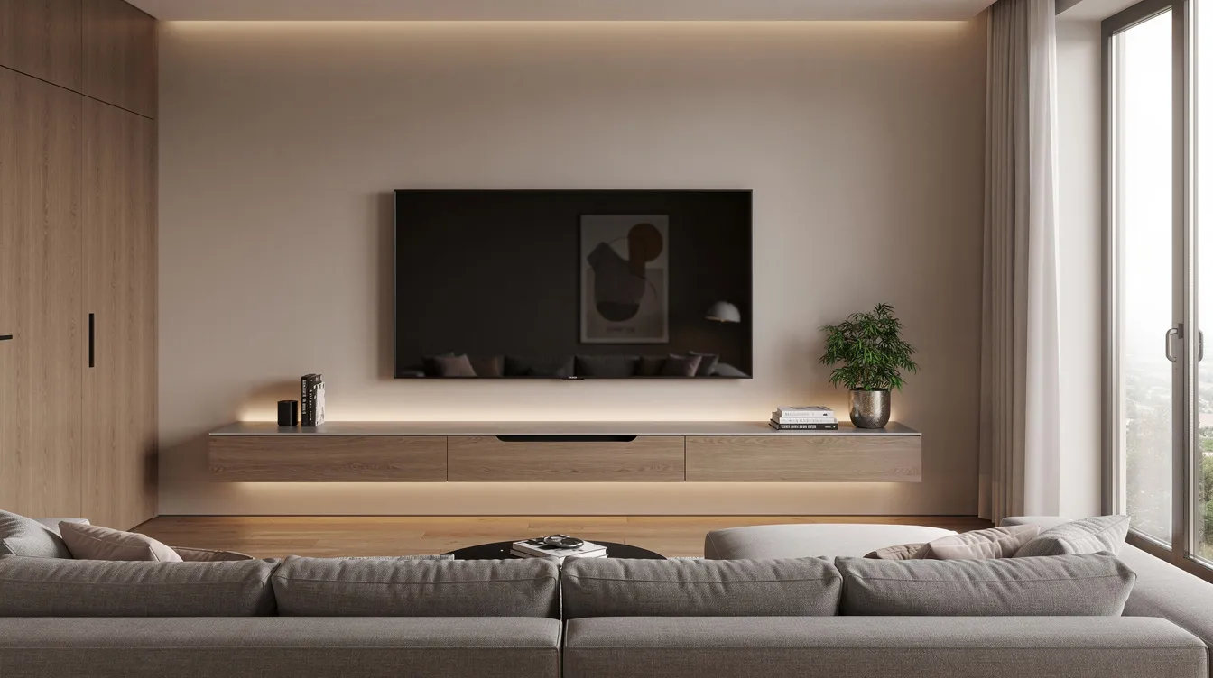 The image shows a modern living room featuring a wall-mounted TV with neatly concealed cables, creating a sleek and uncluttered appearance. This setup is ideal for those considering professional DSTV installation services, ensuring an aesthetically pleasing environment while enjoying uninterrupted entertainment.