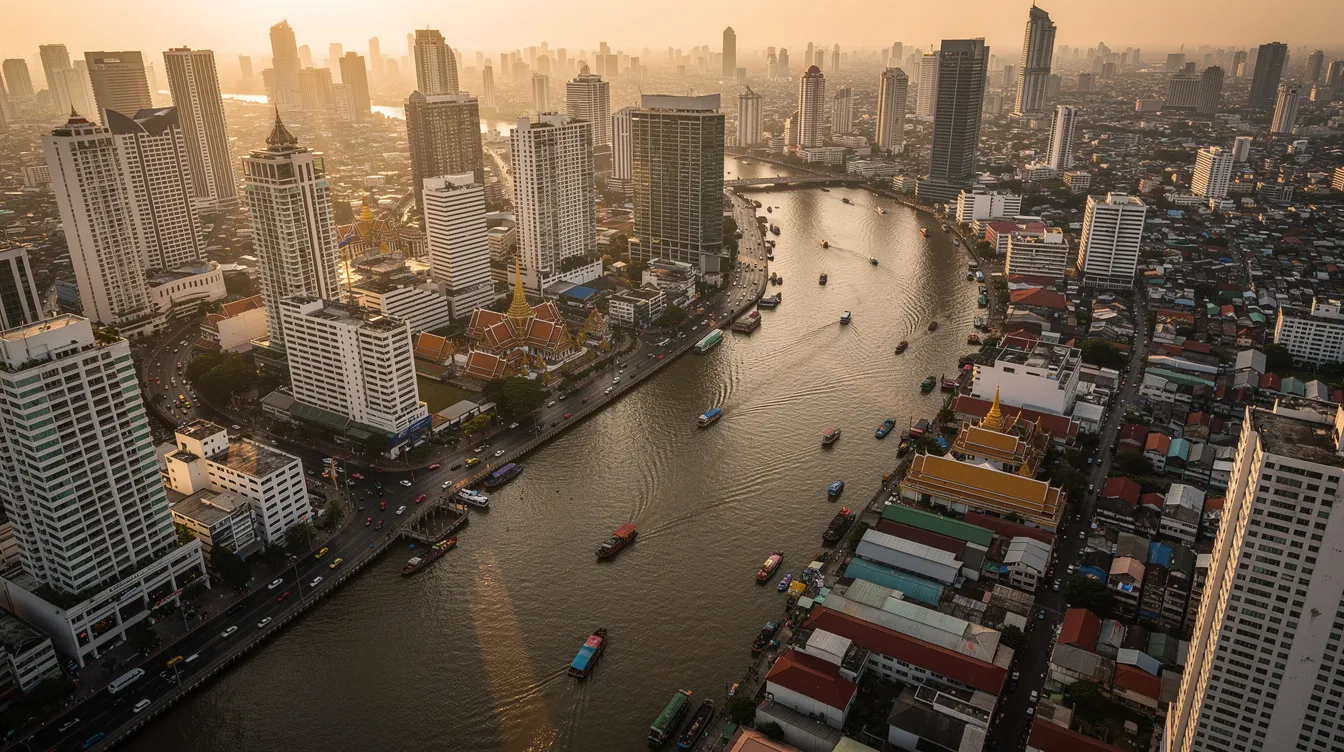 A imagem mostra a cidade de Bangkok vista de cima, revelando uma vasta área urbana com arranha-céus, templos como o Wat Phra Yai e uma movimentada rede de transporte público. Ao fundo, é possível ver o rio Chao Phraya, que corta a cidade, e a vegetação que contrasta com a arquitetura moderna, caracterizando a vibrante vida urbana da Tailândia.