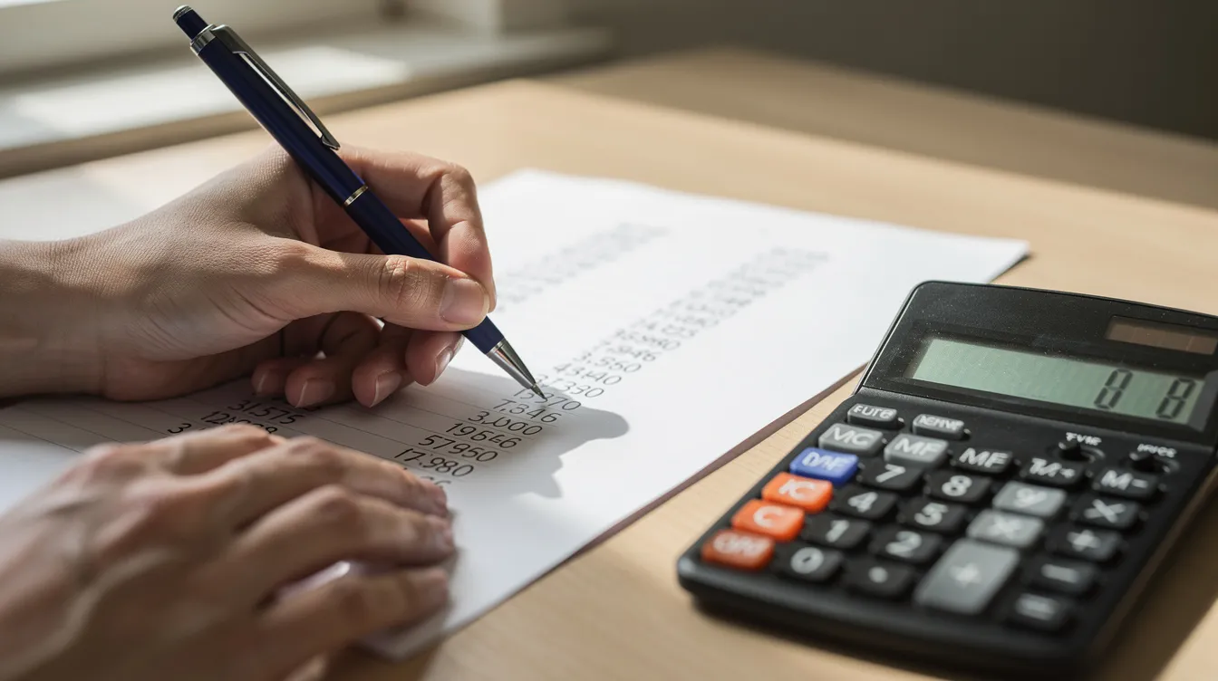 df6fc67c 56f6 4cf1 826c 3bc6054ab91d The image shows hands writing numbers on a sheet of paper with a pen, accompanied by a calculator, symbolizing the financial calculations often necessary for preparing a project report for a Mudra loan application. This scene highlights the importance of documenting complete financial information and project logistics details for small businesses seeking funding.