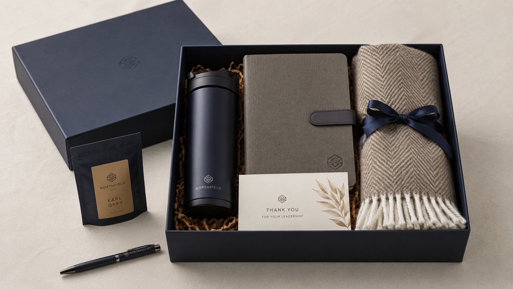 Year-end board gift box with a tumbler, notebook, blanket, tea, pen, and thank-you card