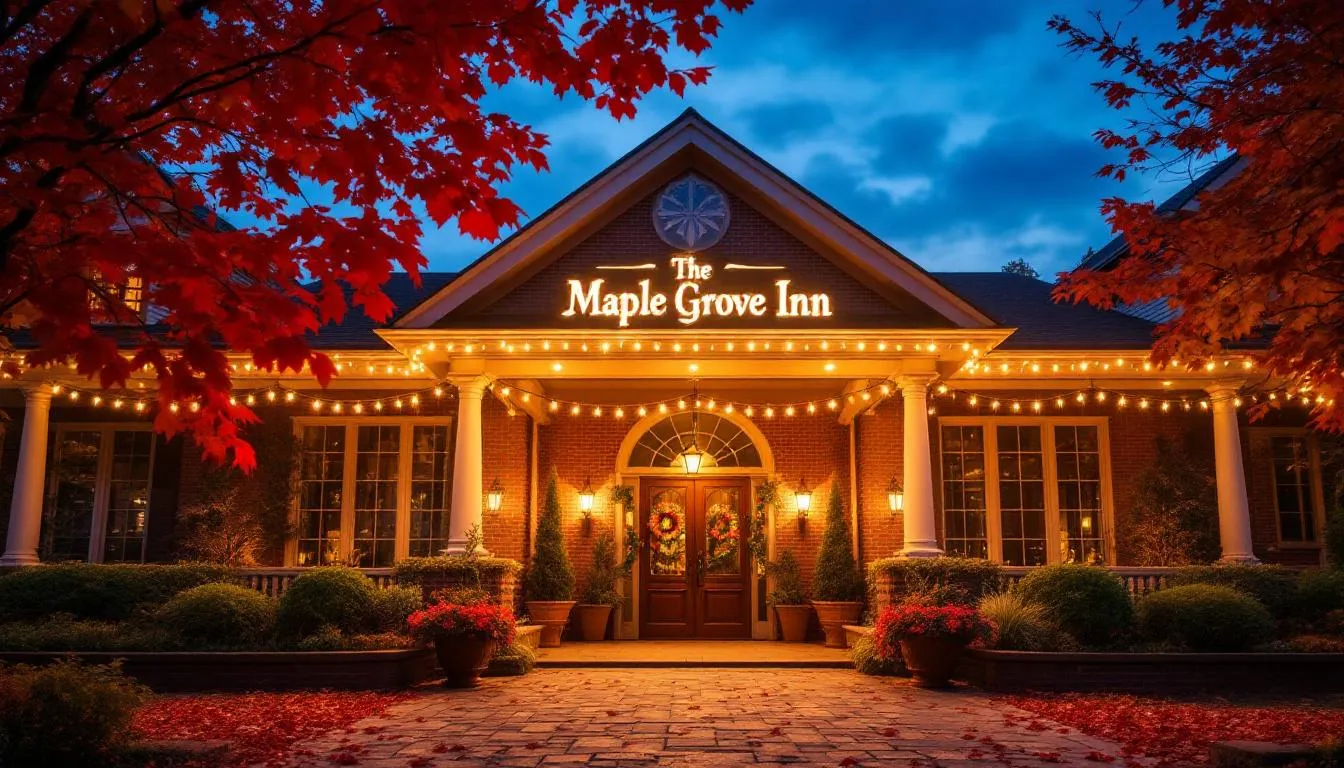 The image depicts the exterior of a hotel adorned with seasonal landscaping and festive lighting, creating an inviting atmosphere. The vibrant flowers and carefully arranged lights enhance the hotel's appeal, reflecting the hospitality industry's focus on guest satisfaction and operational efficiency.