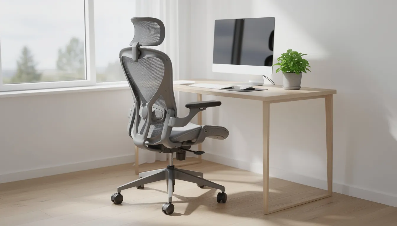 Ett hemmakontor med en ergonomisk snurrstol i tyg vid ett skrivbord, beläget nära ett fönster som släpper in naturligt ljus. Snurrstolen har en bekväm sits och visar upp en stilren design som gör det lätt att välja bland olika färger.