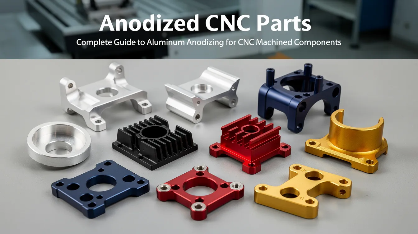 The image depicts a collection of anodized CNC machined aluminum parts, showcasing various shapes and sizes that highlight their precision and surface finish. These components, designed for demanding applications in industries like automotive and aerospace, exhibit improved corrosion resistance and durability due to the anodizing process, which creates a protective oxide layer on the aluminum surface.