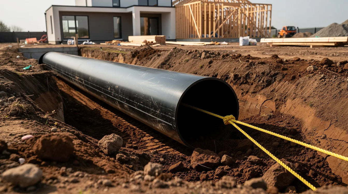The image depicts a new black HDPE sewer pipe being pulled underground through soil at a residential construction site, illustrating the trenchless sewer repair method for replacing damaged sewer lines without extensive excavation. This technique helps to minimize disruption while addressing sewer line issues efficiently.