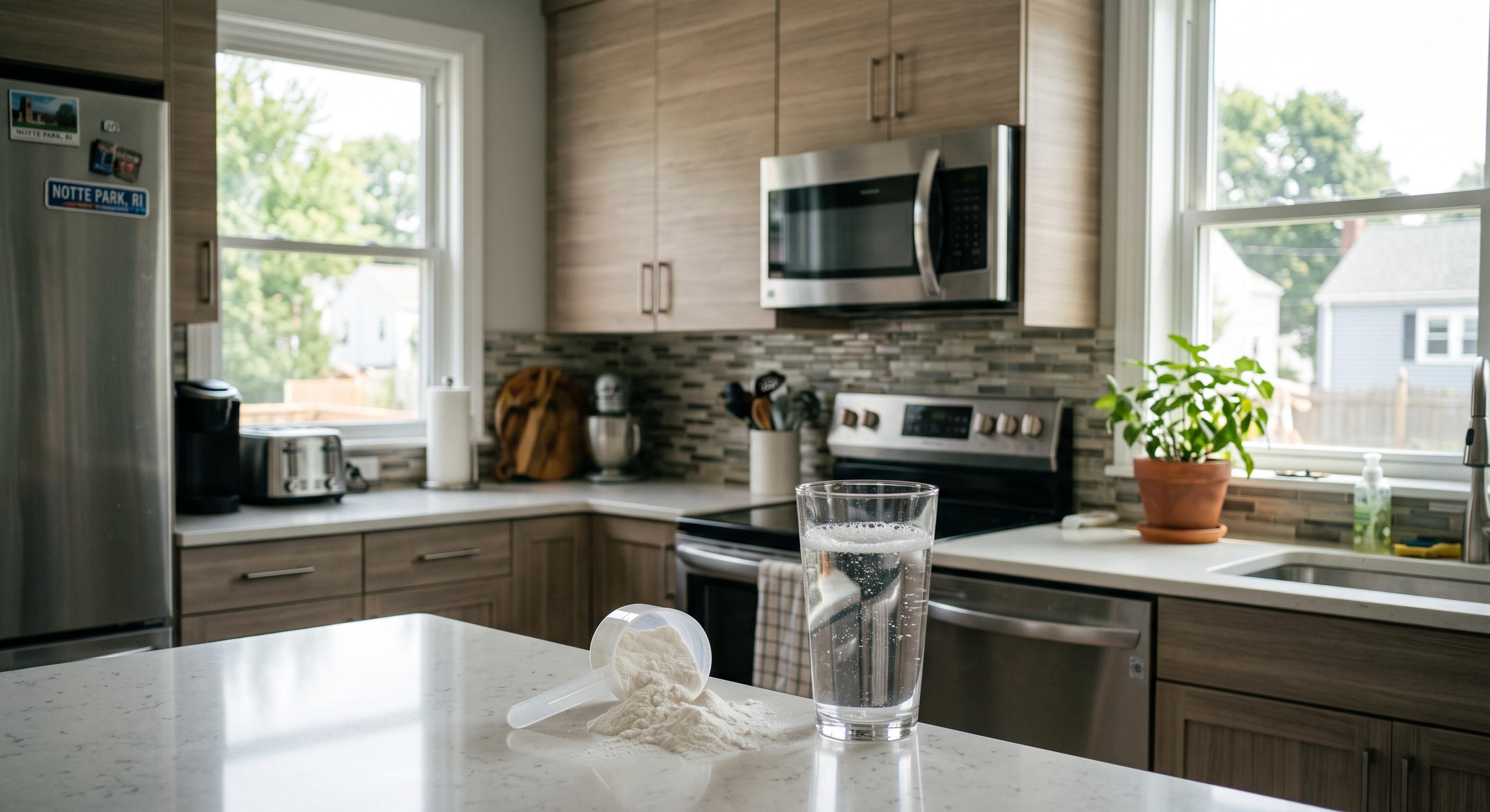 Creatine powder on a table next to a glass of water