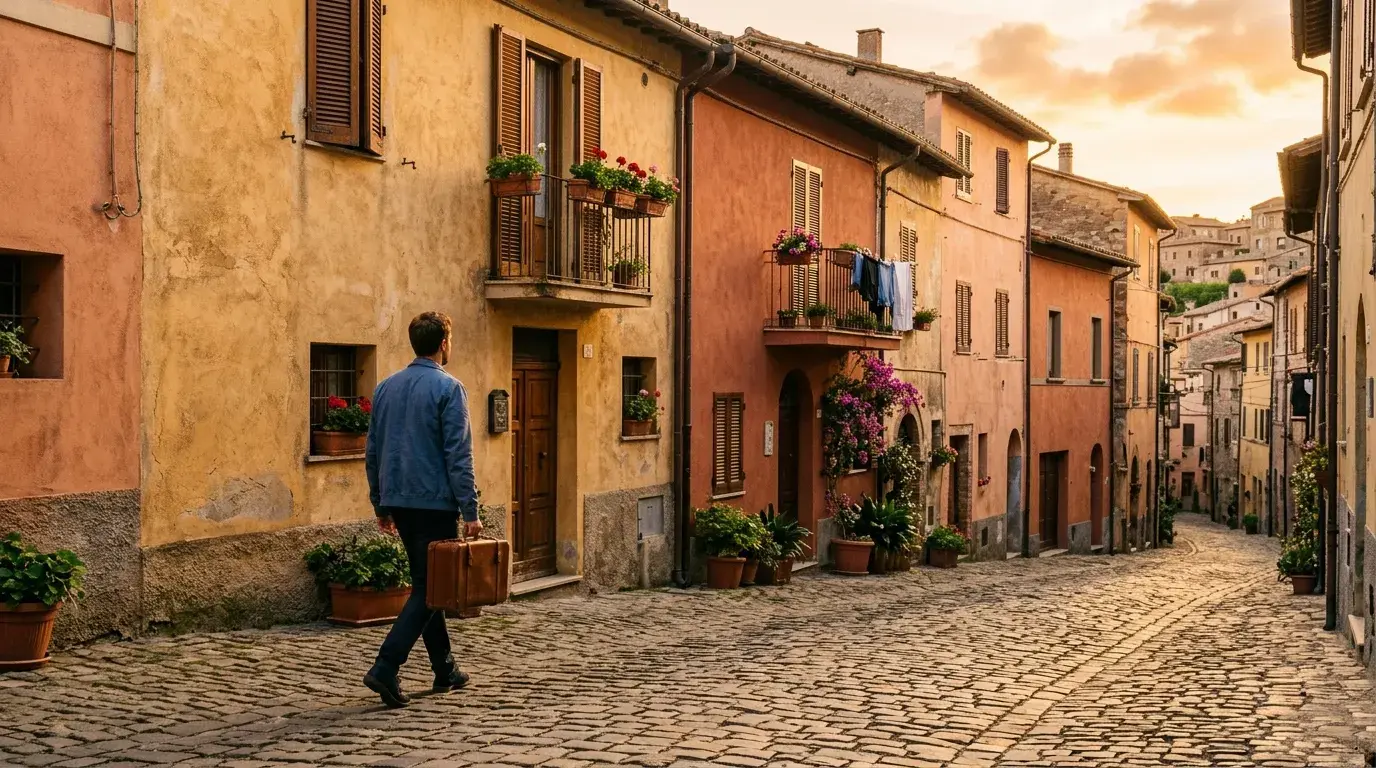 Traveller with a suitcase walking down a cobbled Italian street toward a host's home